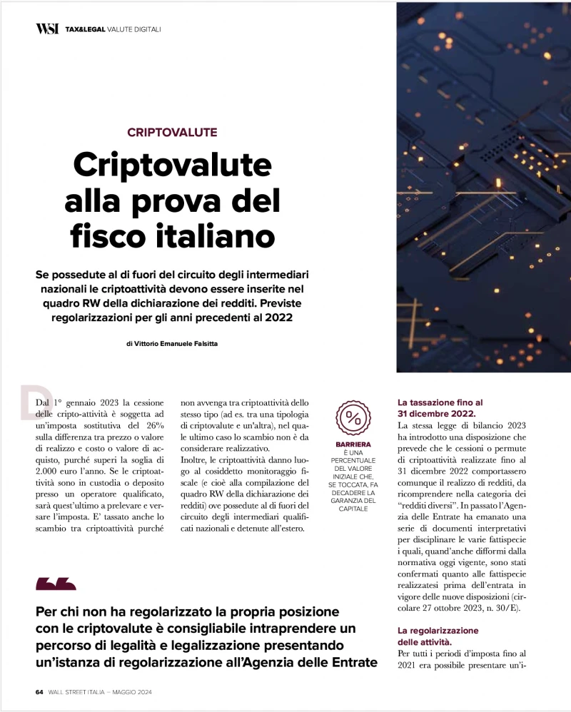 L'apertura dell'articolo di Falsitta sul numero di maggio 2024 di Wall Street Italia magazine